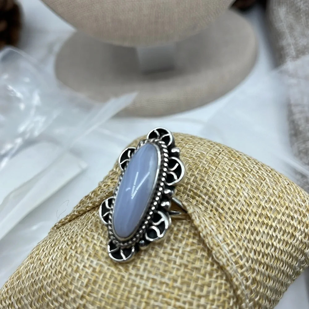 💍 Vintage CII Mexico Sterling Silver Blue Lace Agate Ring - Size 7, 10.5g - Picture 7 of 15